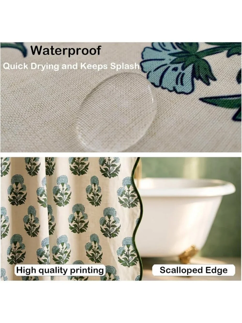 Scalloped Block Print Shower Curtain Set with 12 Hooks - Stylish Bathroom Decor